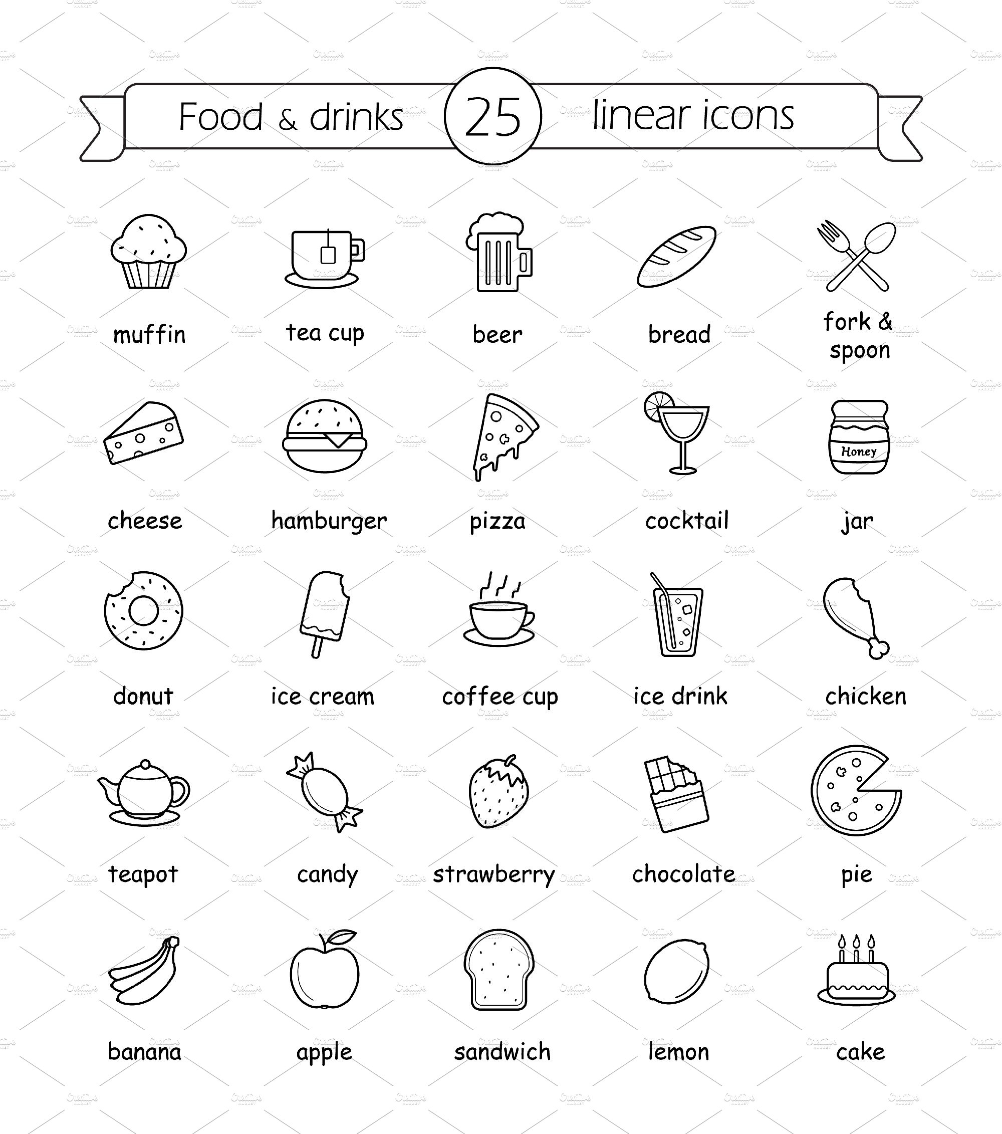 Food and drinks. 25 icons. Vector cover image.