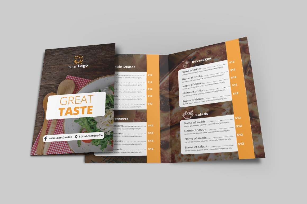 Food Menu Bi-Fold Brochure preview image.