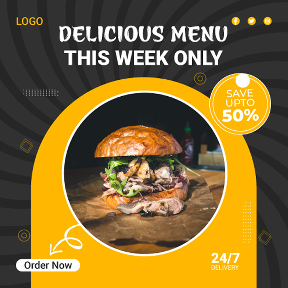 food social media promotion and Instagram banner post design template preview image.