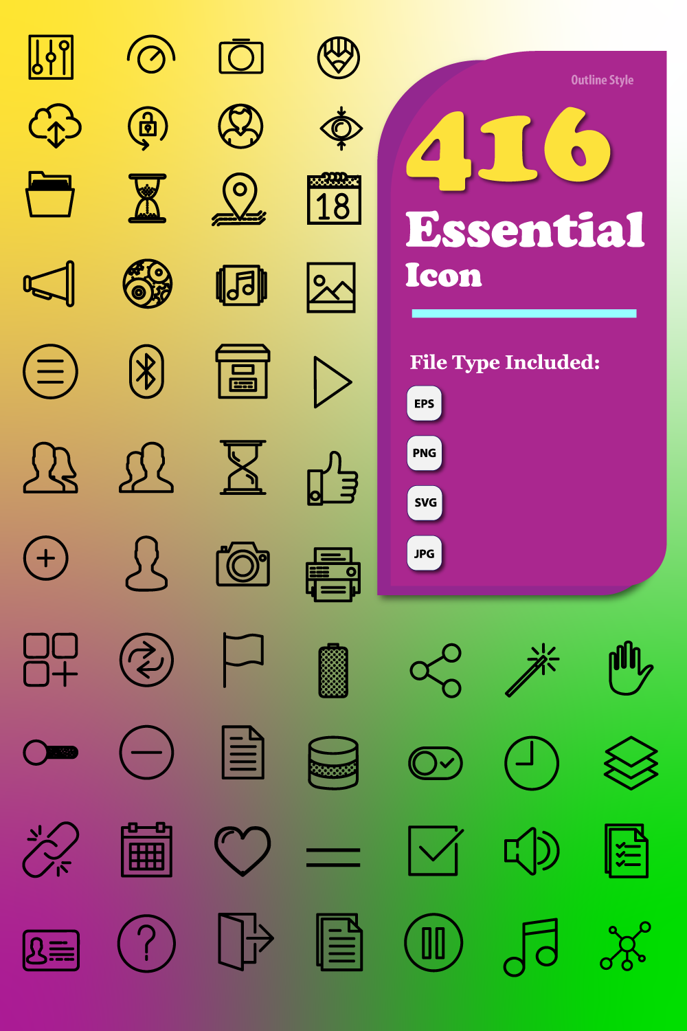 416 Essential Icons set, Outline Style Only $39 pinterest preview image.