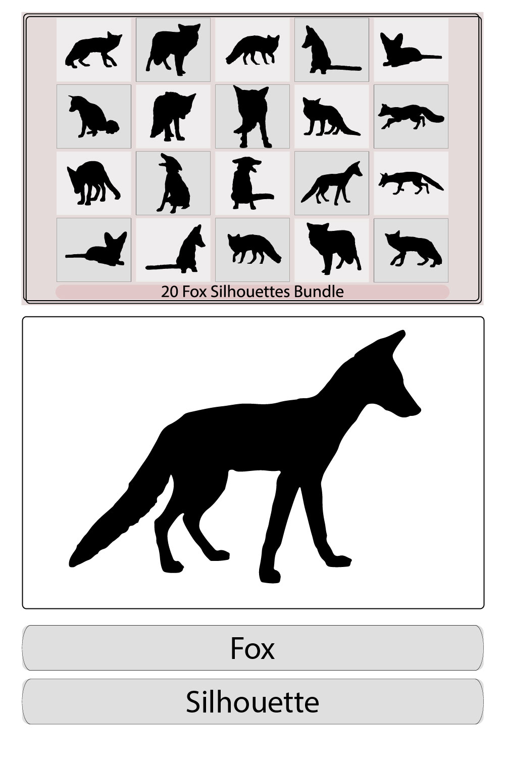 Fox silhouette,vector black silhouette of a fluffy Fox,Fox silhouette vector on a white background,Fox set of silhouettes, vector, pinterest preview image.