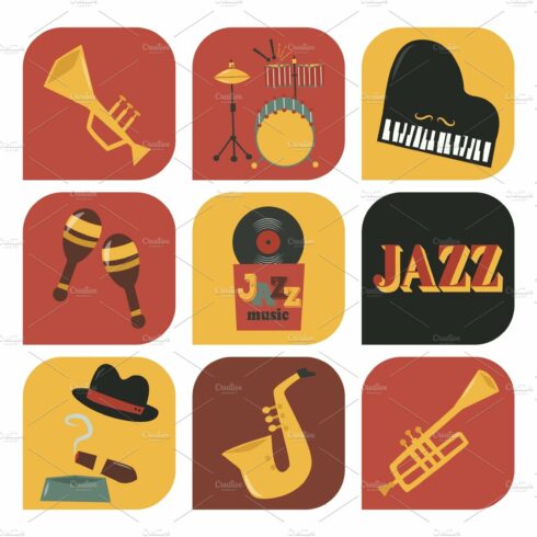 Jazz musical instruments tools icons jazzband piano saxophone music sound v... cover image.