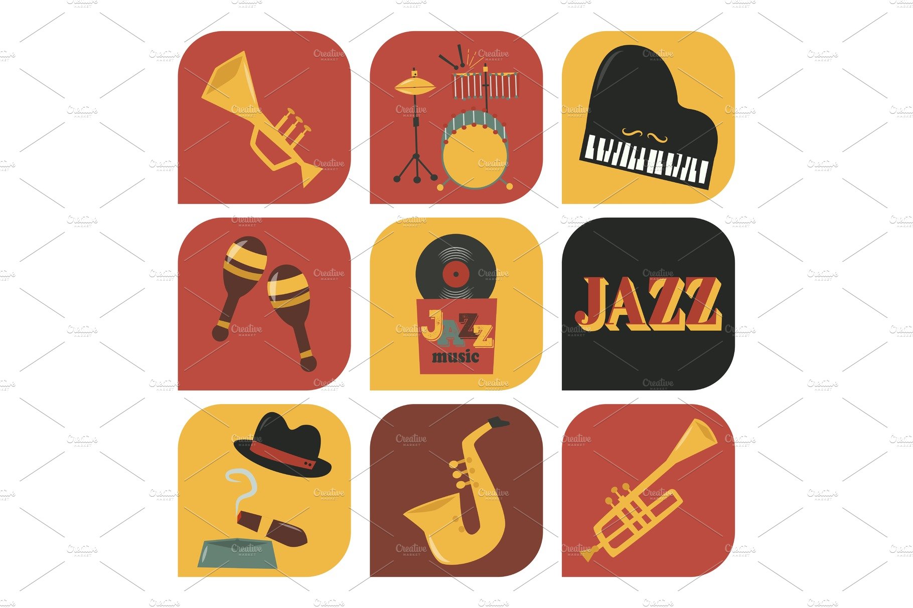 Jazz musical instruments tools icons jazzband piano saxophone music sound v... cover image.