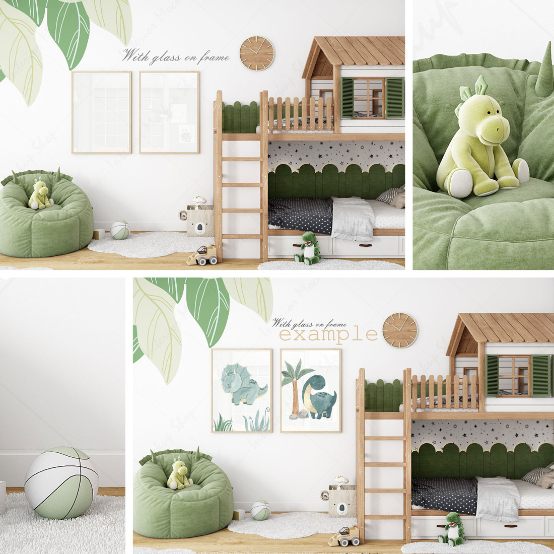 Child's bedroom with a bunk bed and a green chair.