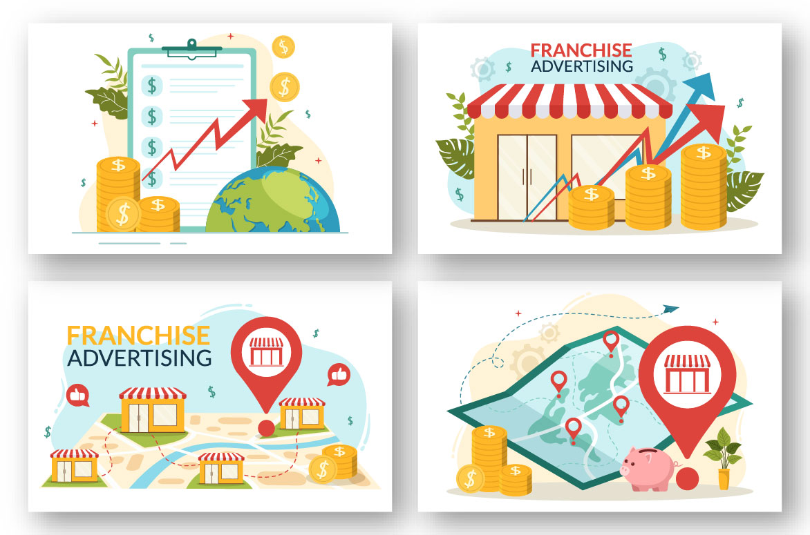 Set of four business cards with a map.