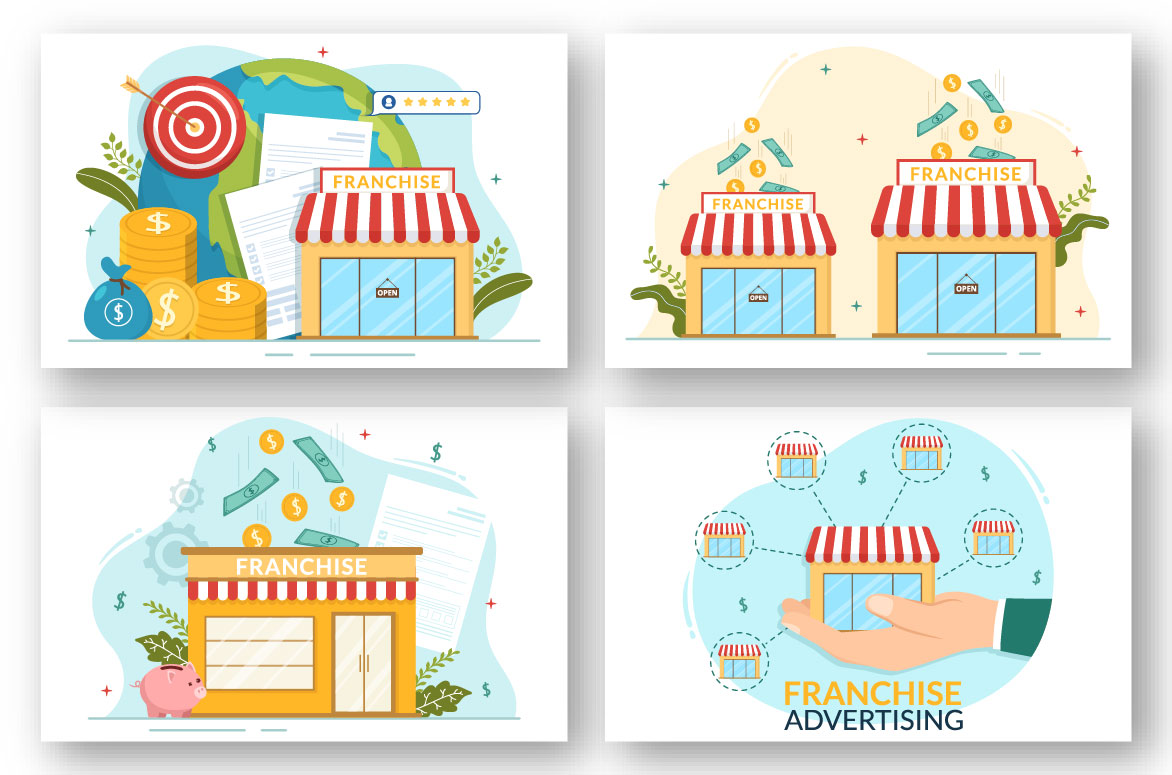 Series of four illustrations depicting different businesses.