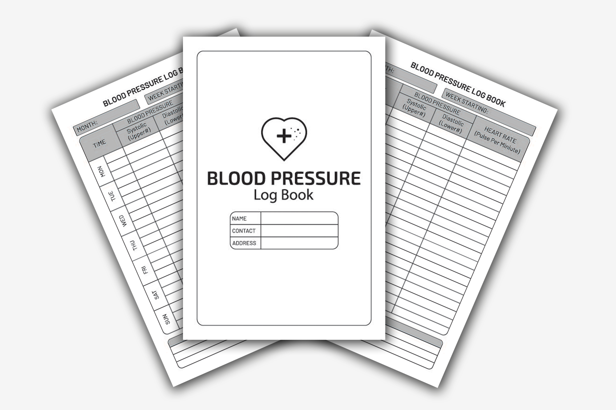 Three blood pressure log books on a white background.