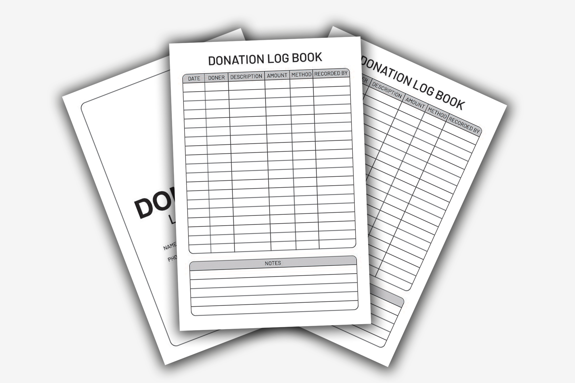 Set of three printable donation log books.