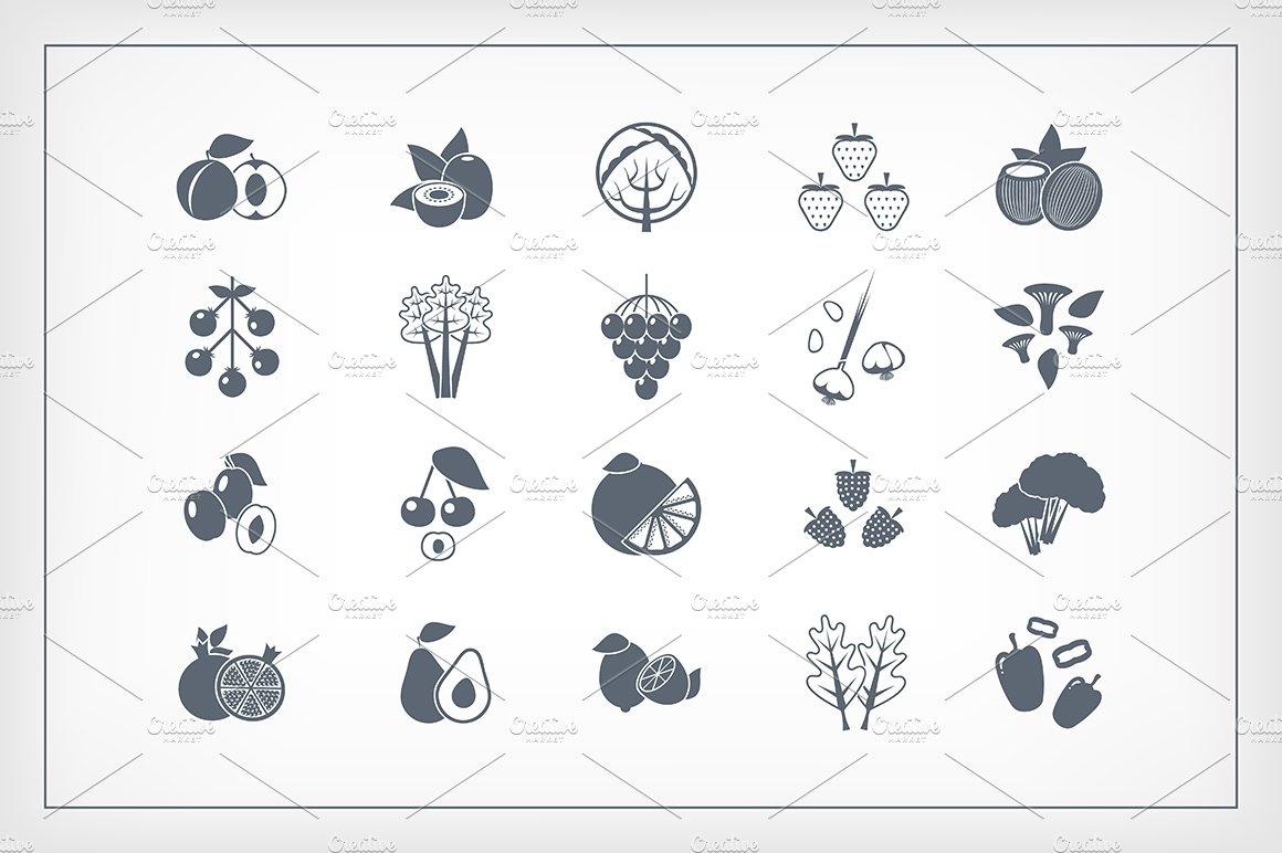 Set of fruits and vegetables icons cover image.
