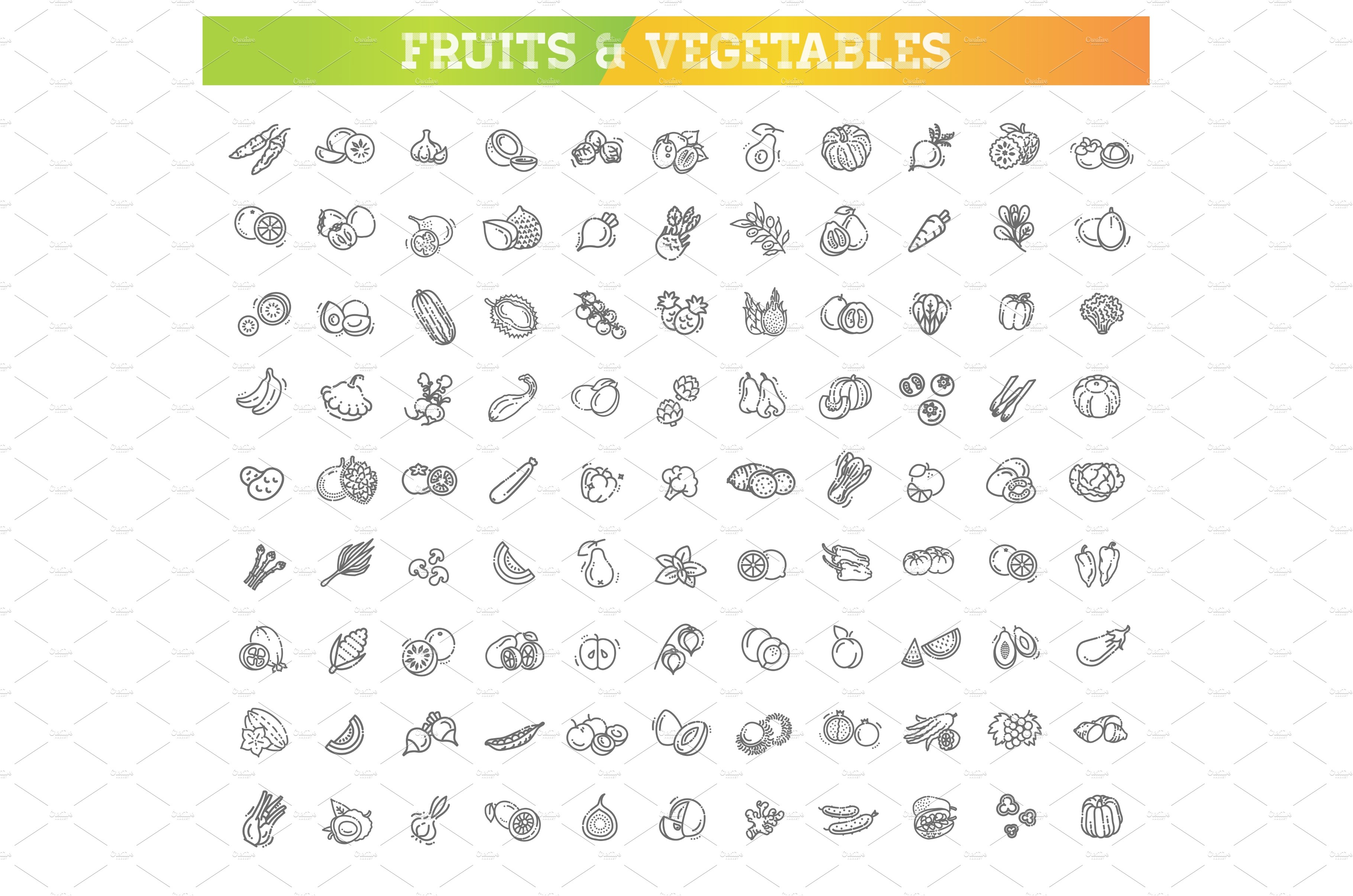 Fresh fruit and vegetables icons cover image.