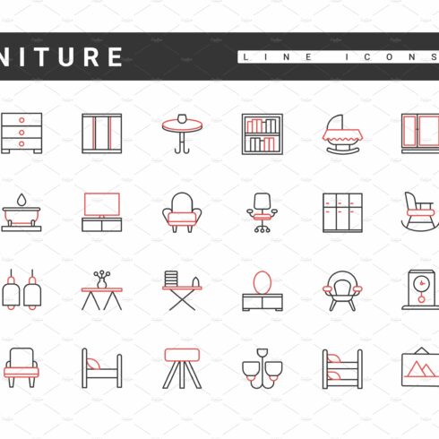 Modern home furniture line icons set cover image.