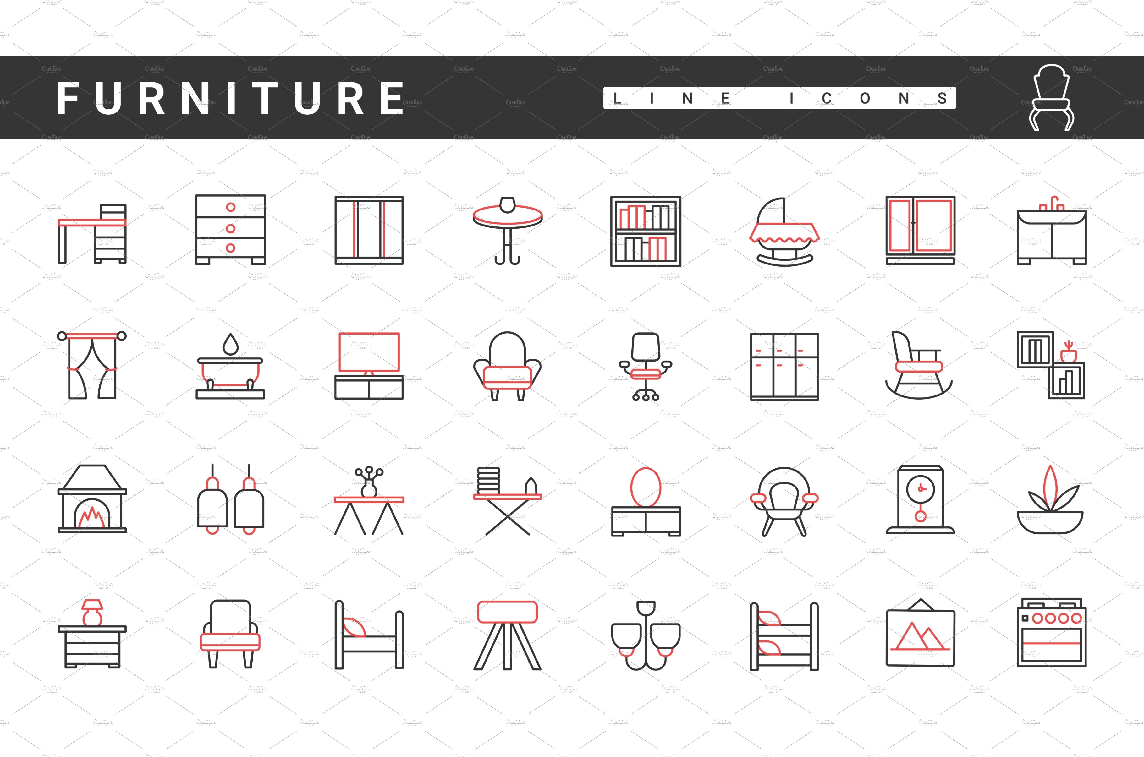 Modern home furniture line icons set cover image.