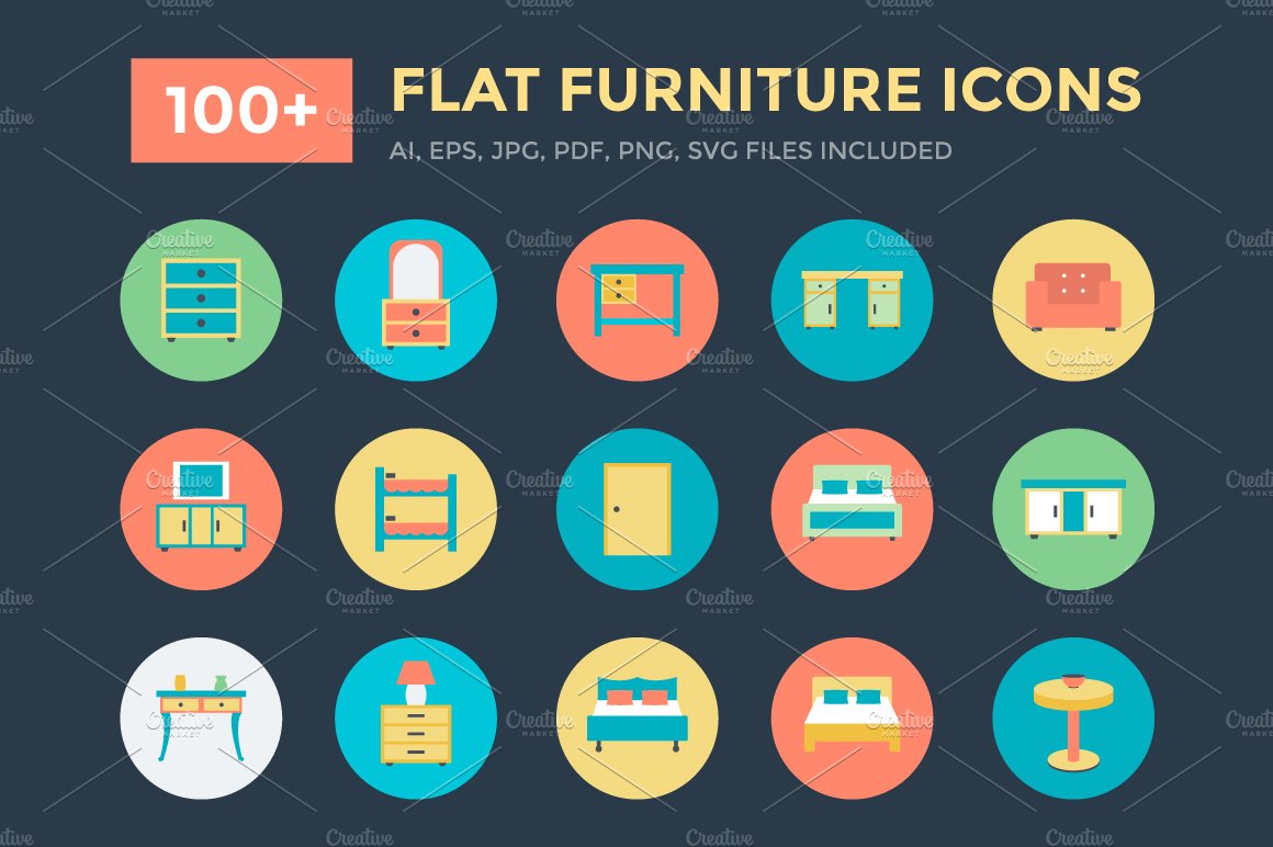 100+ Flat Furniture Icons cover image.