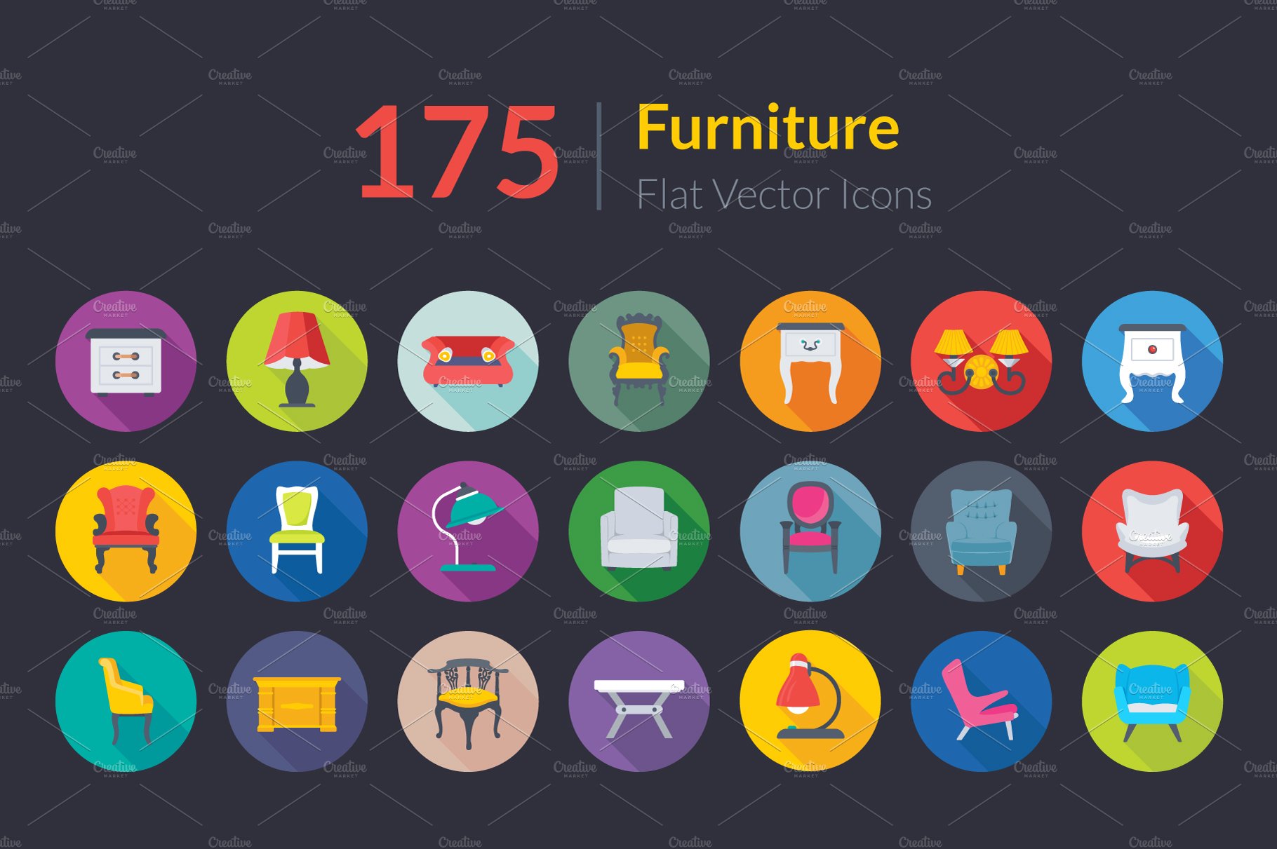 175 Flat Rounded Furniture Icons cover image.