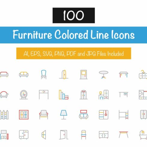 100 Furniture Colored Line Icons cover image.