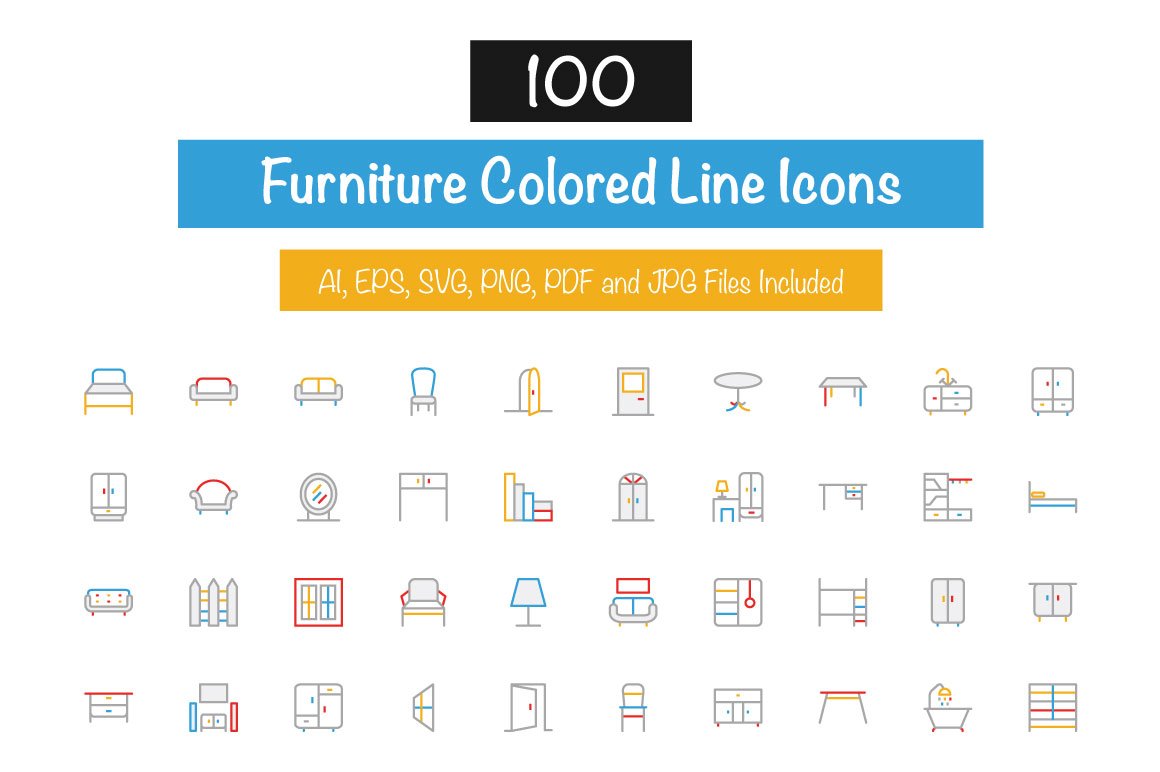 100 Furniture Colored Line Icons cover image.