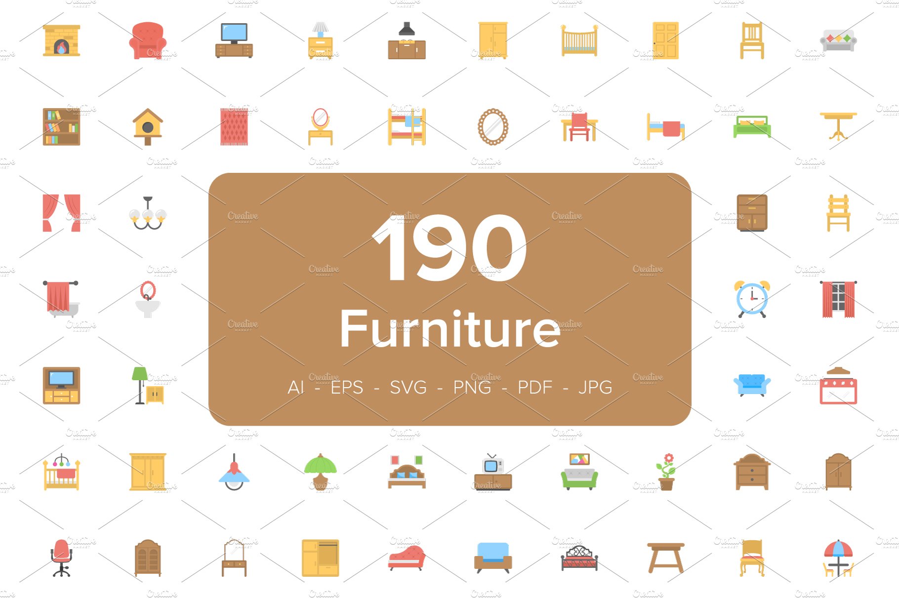 190 Furniture Flat Icons cover image.