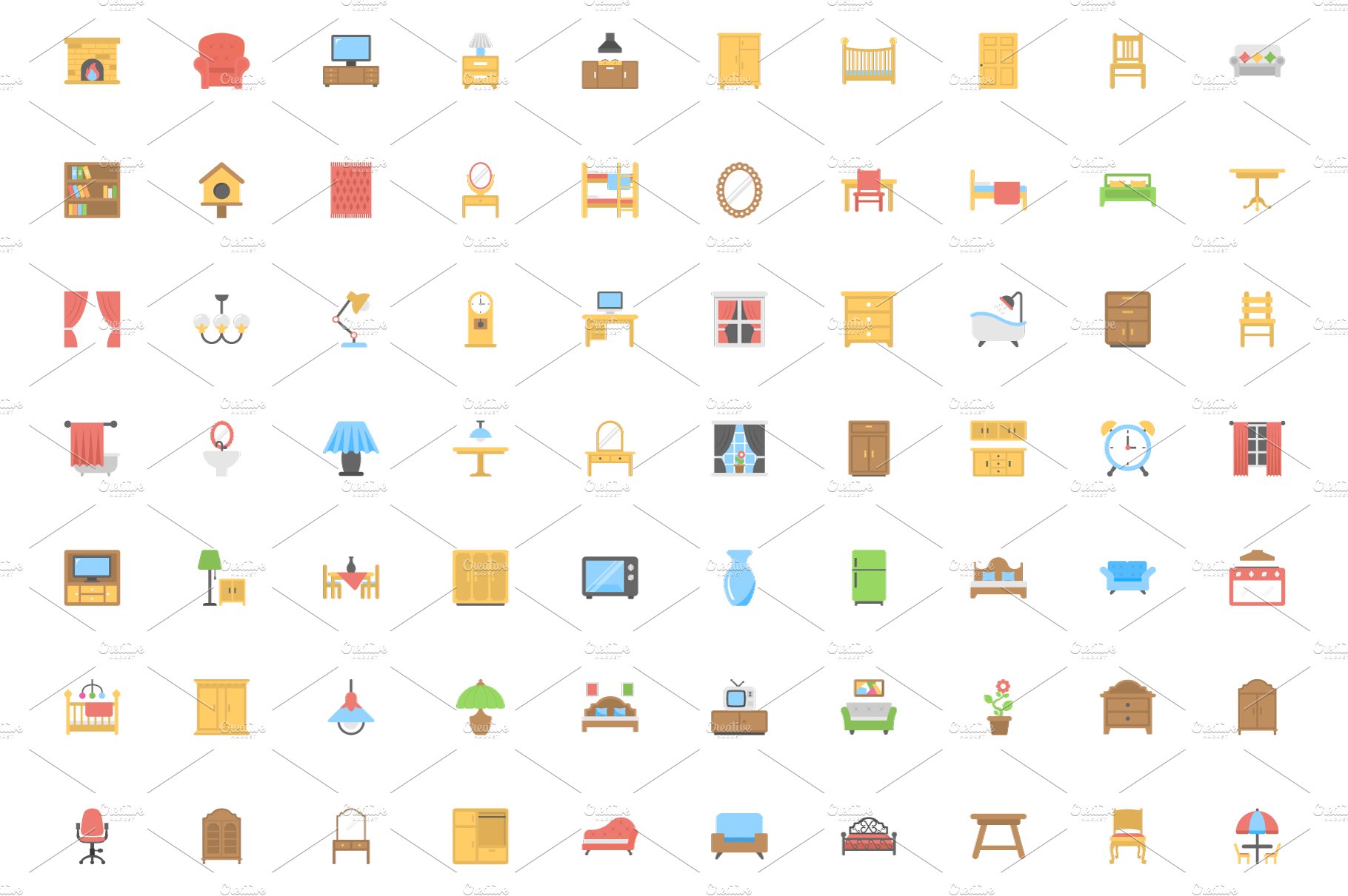 190 Furniture Flat Icons preview image.