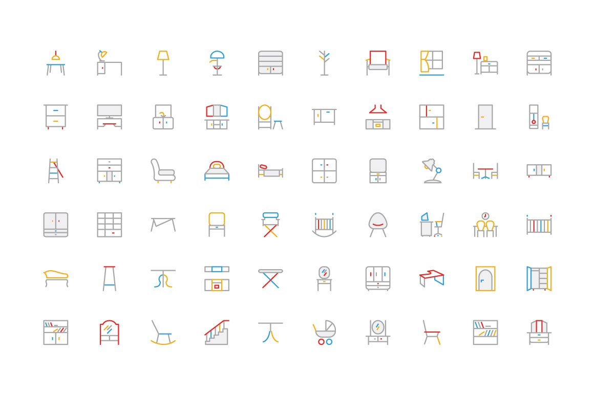 100 Furniture Colored Line Icons preview image.