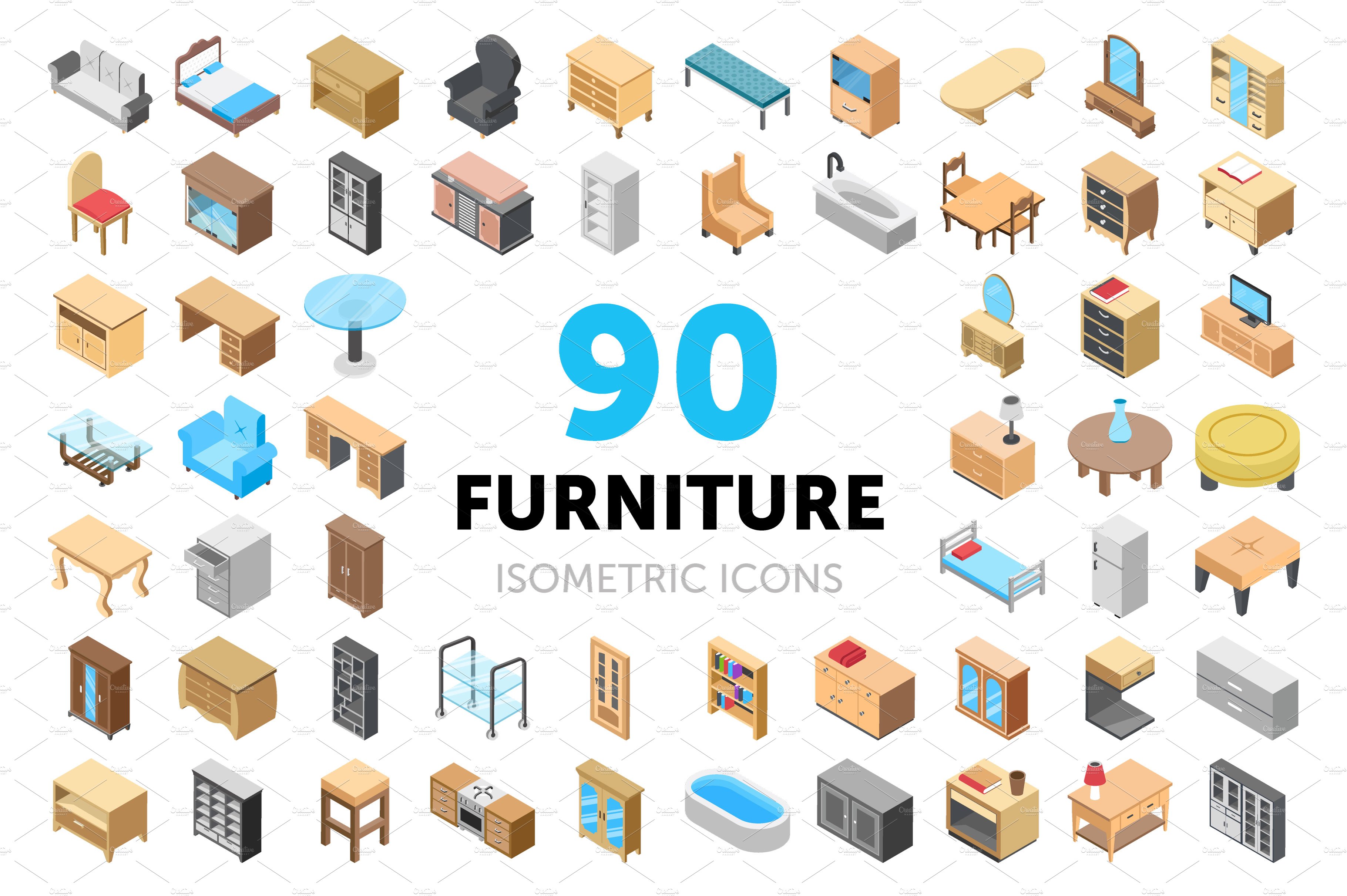 90 Furniture Isometric Icons cover image.