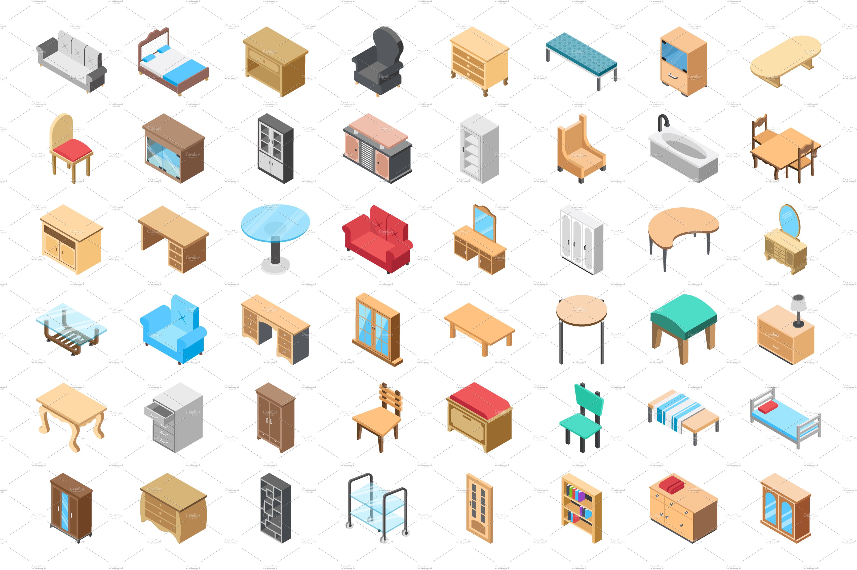 90 Furniture Isometric Icons preview image.