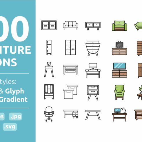 200 furniture & home icons set cover image.