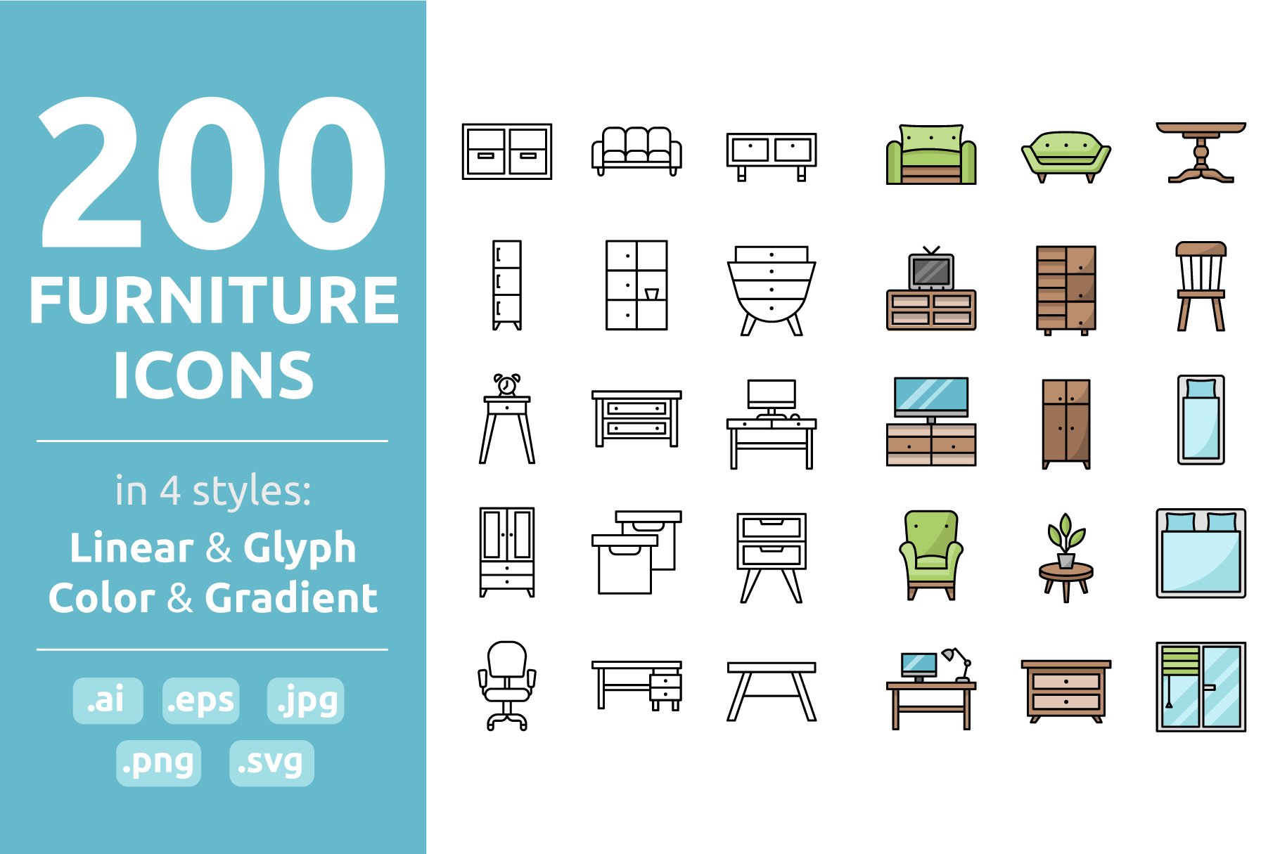 200 furniture & home icons set cover image.