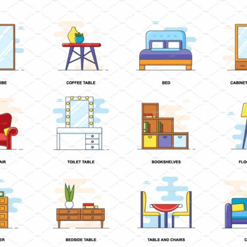 Furniture web concept flat icons set cover image.