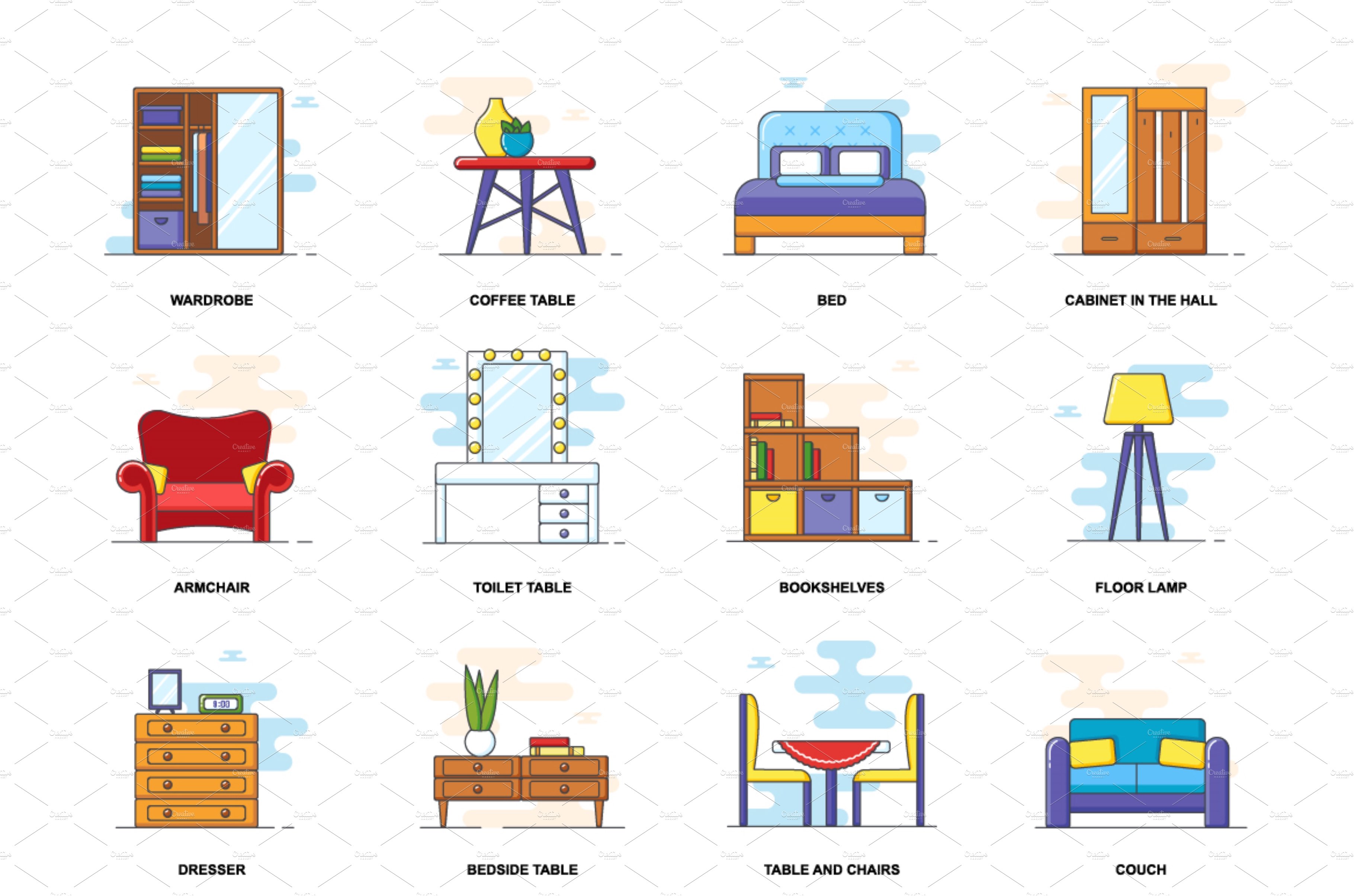Furniture web concept flat icons set cover image.