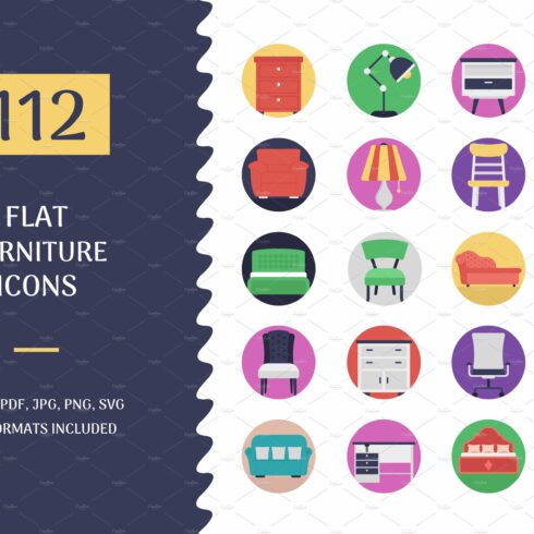 112 Flat Furniture Vector Icons cover image.