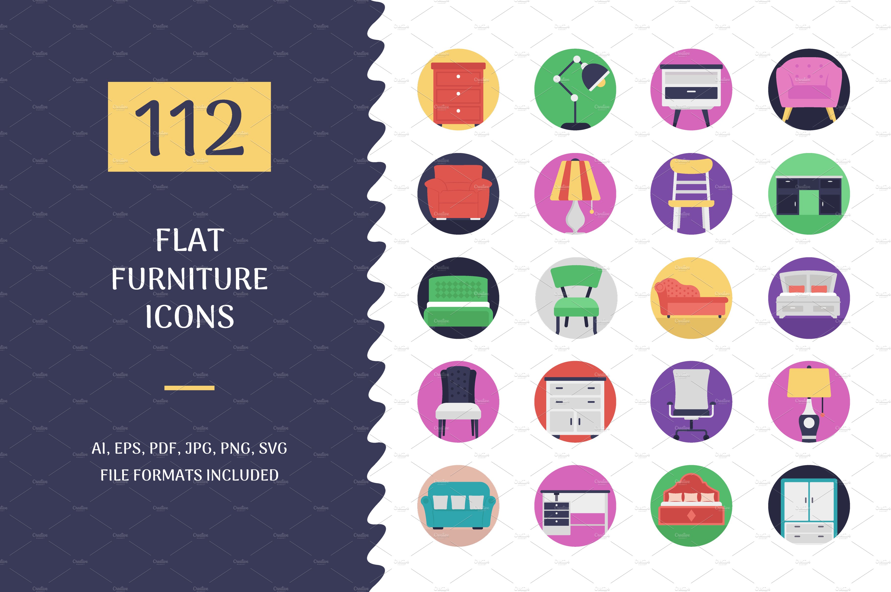 112 Flat Furniture Vector Icons cover image.