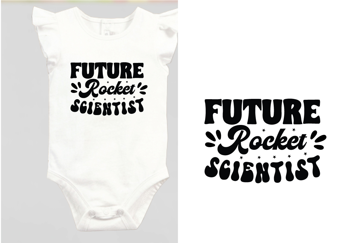 White bodysuit with the words future scientist printed on it.