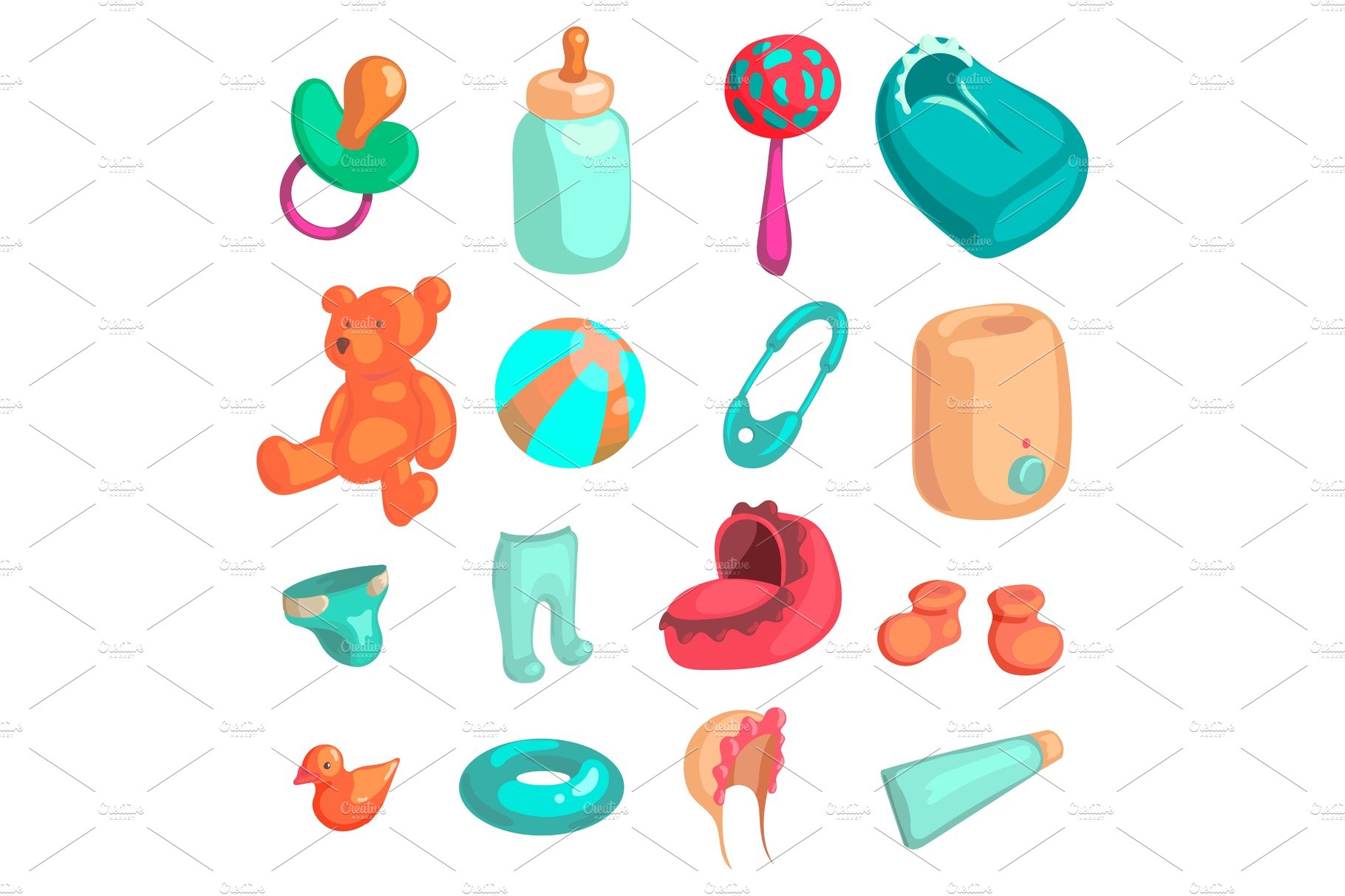 New baby biorn icons set, cartoon cover image.