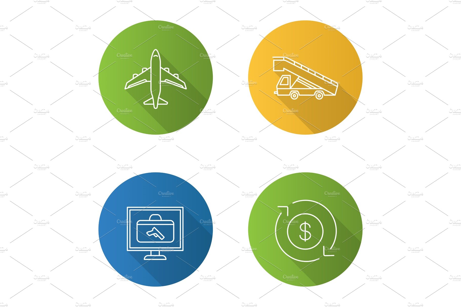 Airport service flat linear long shadow icons set cover image.