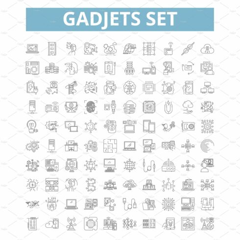 Gadjets icons, line symbols, web cover image.