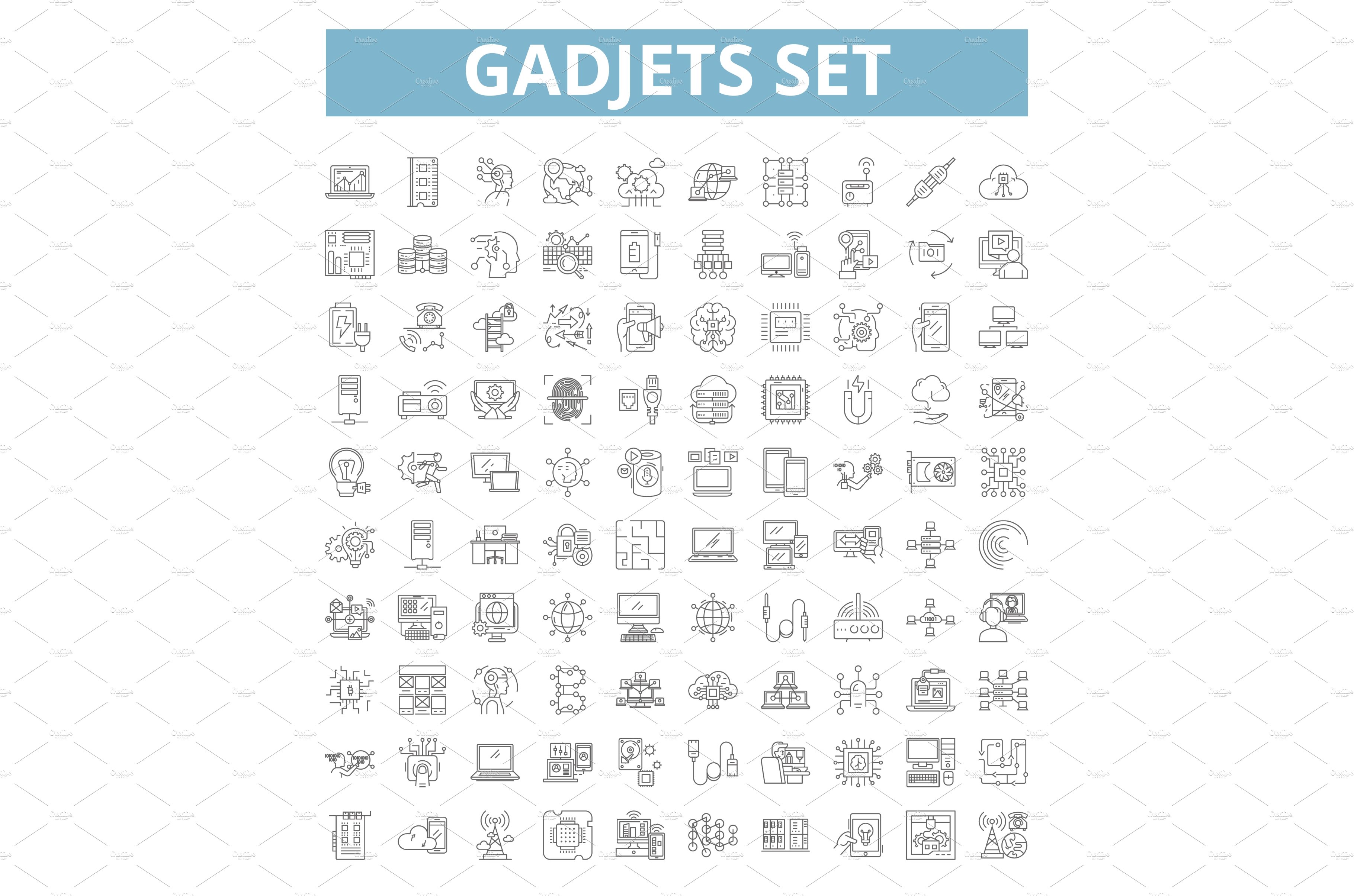 Gadjets icons, line symbols, web cover image.