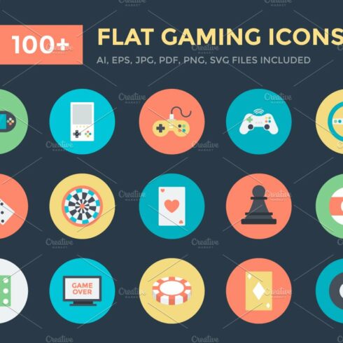 100+ Flat Gaming Vector Icons cover image.