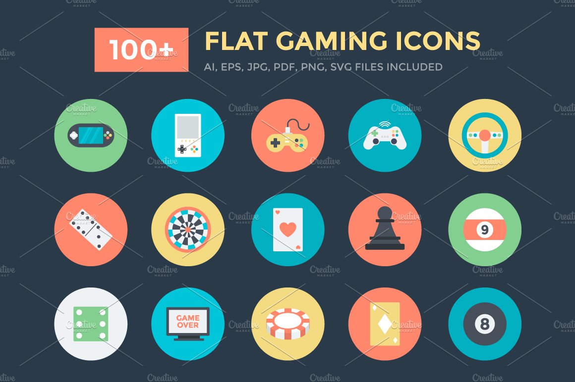 100+ Flat Gaming Vector Icons cover image.