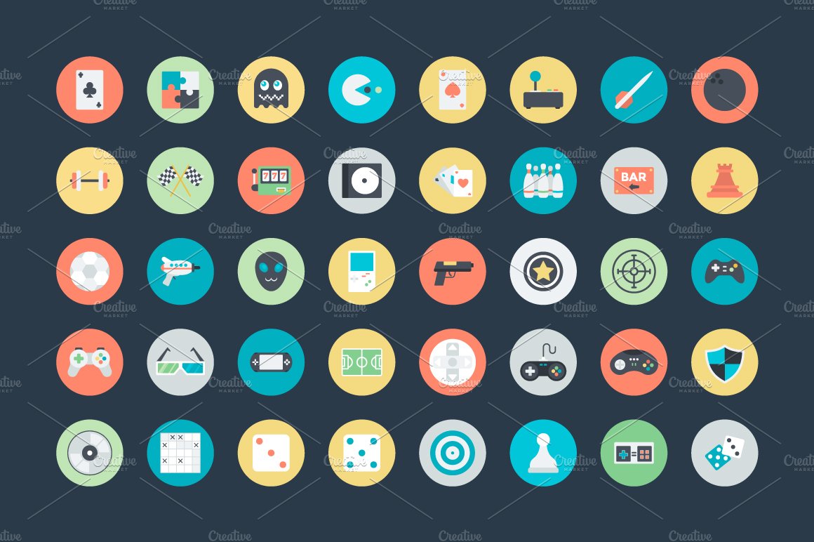 100+ Flat Gaming Vector Icons preview image.