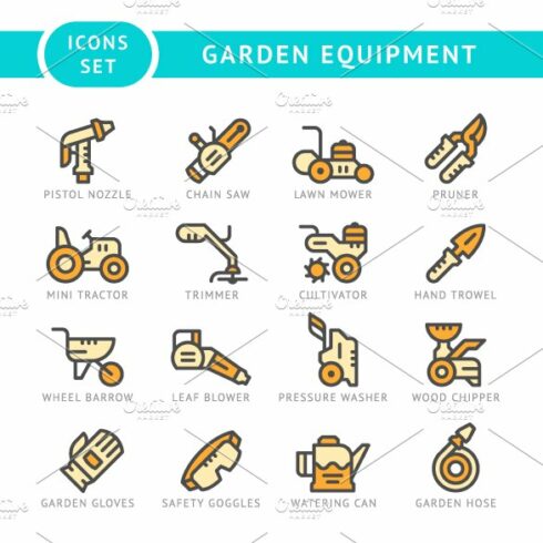 Set line icons of garden equipment cover image.