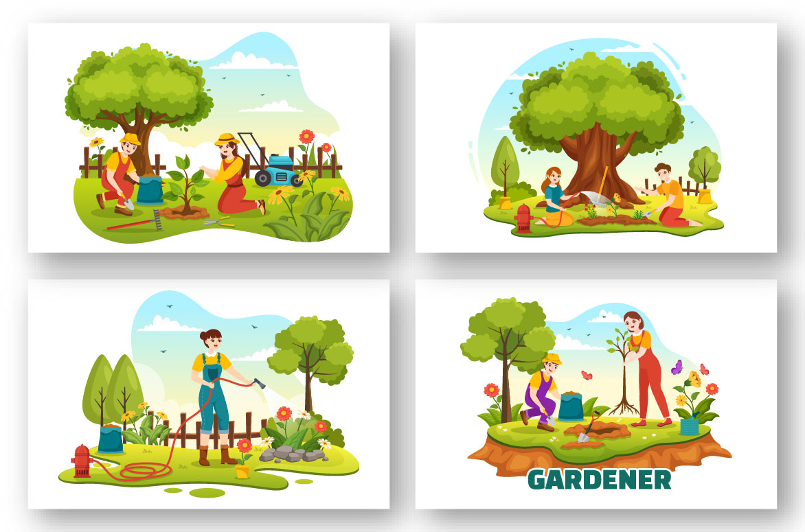 Four different scenes of people working in the garden.