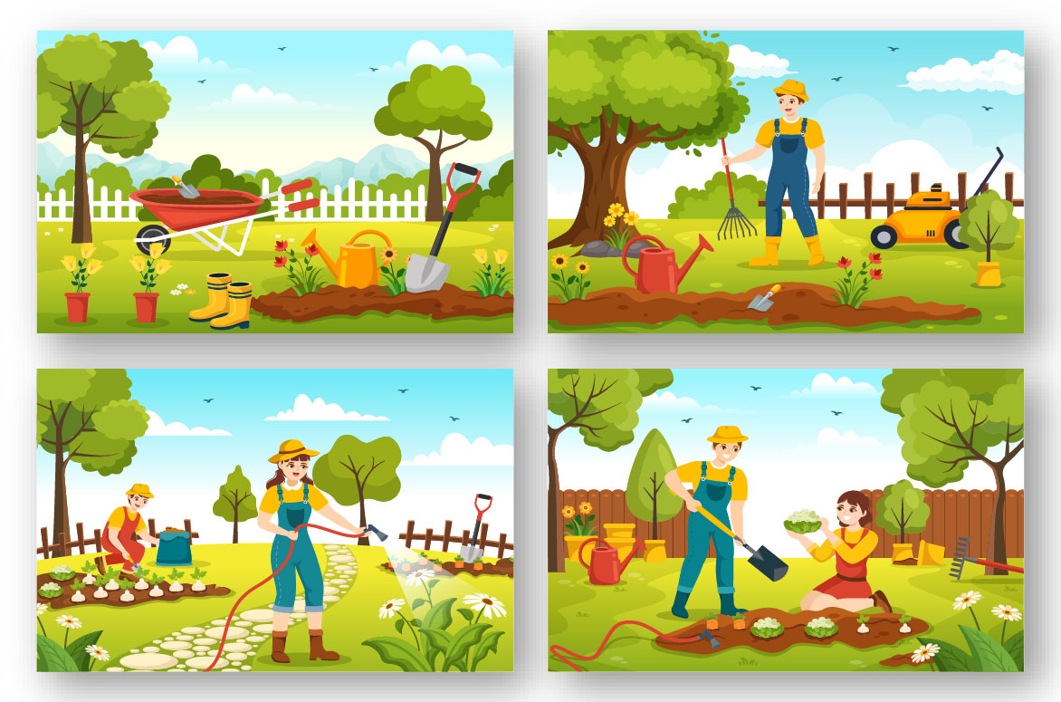 Four different scenes of people working in the garden.