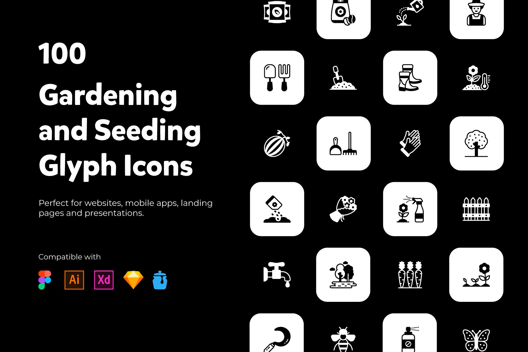 100 Solid Gardening Icons Vectors cover image.
