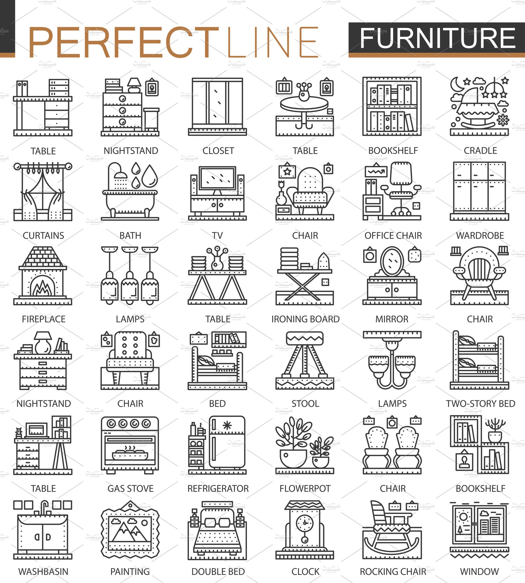 Furniture line concept icons cover image.