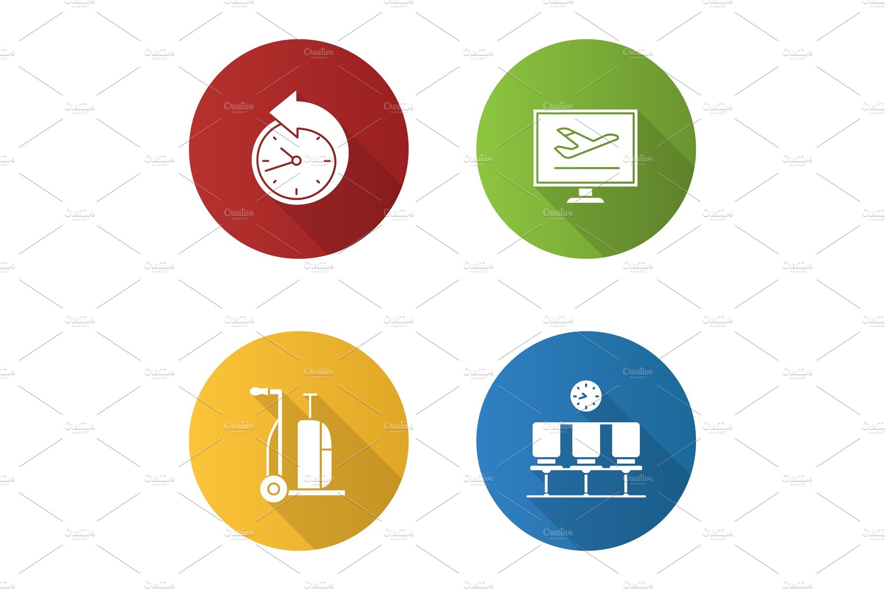 Airport service flat design long shadow glyph icons set cover image.