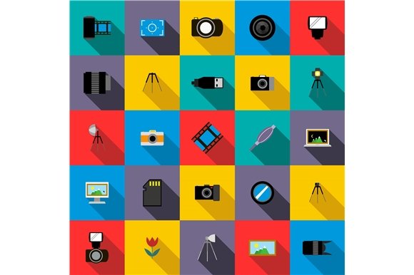 Photo studio equipment icons set cover image.