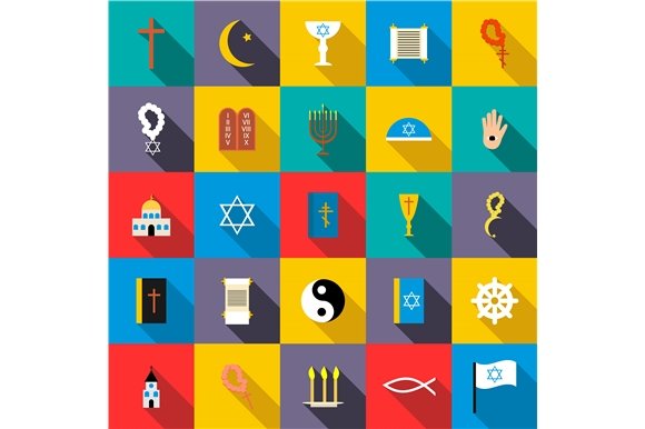 Religion icons set, flat style cover image.