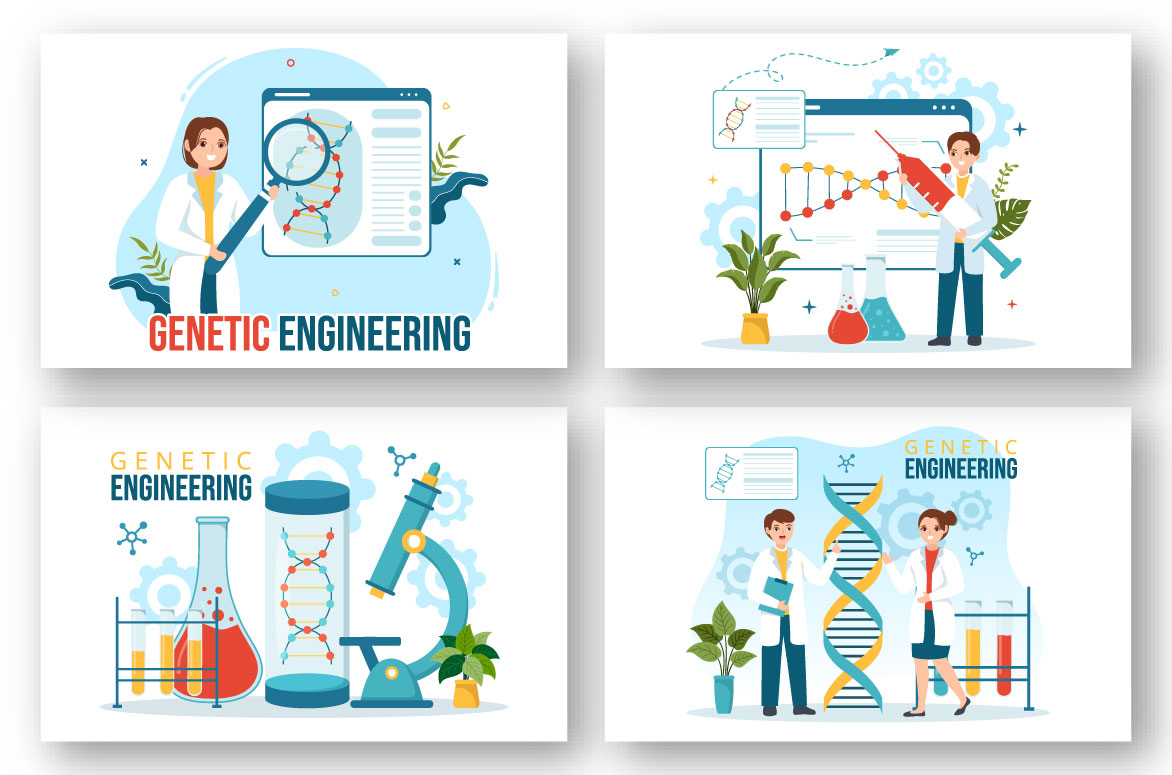 Set of four banners with people working in science.