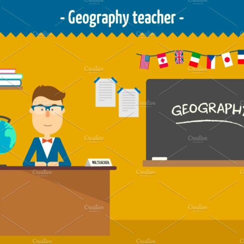 Geography teacher. Two illustrations cover image.
