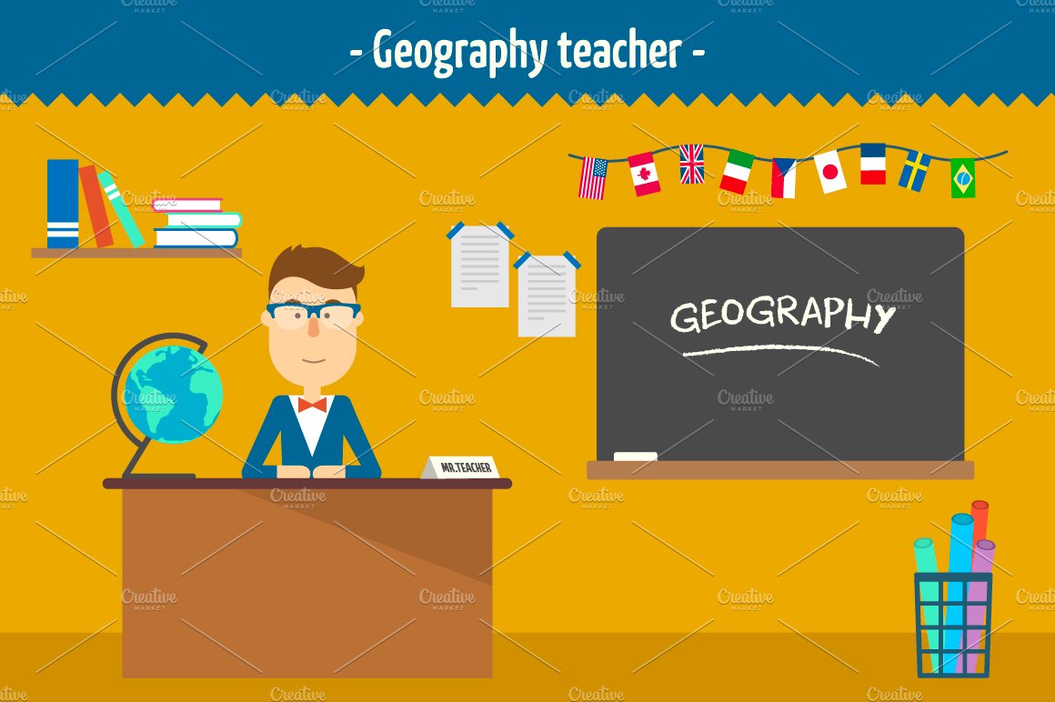 Geography teacher. Two illustrations cover image.